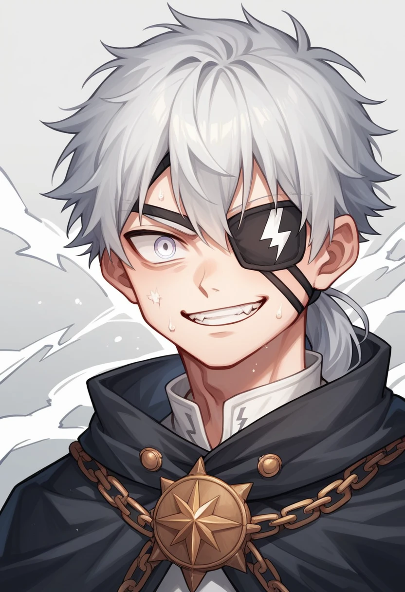 Anime character, a man, medieval era. Young man, 20 years old, cold gaze, fierce and crazy smile, white teeth, short messy gray hair, ponytail, left eye patch, black clothes, dark cape with hood, chains. front camera, walking forward in a sea of blood. White lightning in the right hand, black lightning in the left hand. Right eye shining in a white ray. Thundering lightning