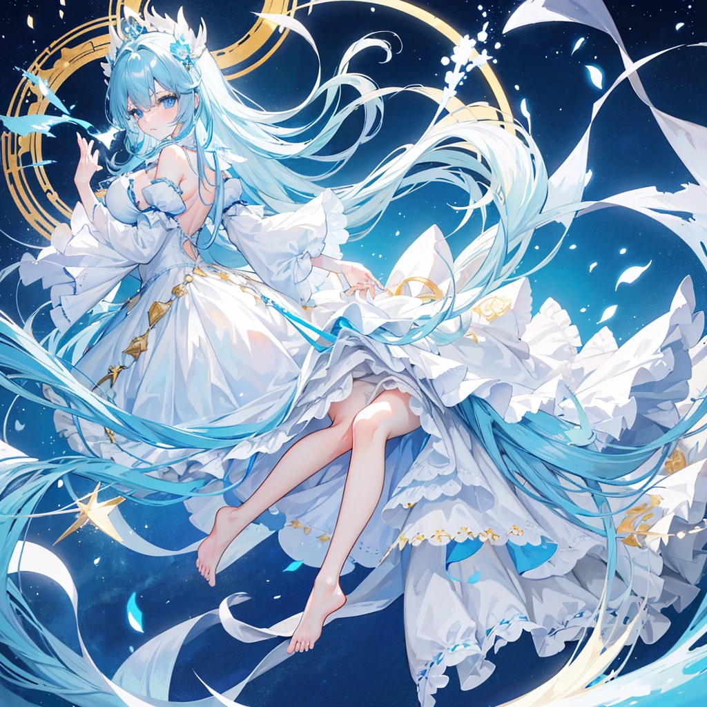 light blue hair,blue eyes,Apricot color,평볌한 human의눈,human,Medieval fantasy dress with a mixture of sky blue and white,Frills decorated at the end of the dress,female,C cup,92.1,bare foot,It always seems like bright, sunny sunshine, but that&#39;s why it quickly gets dark due to murder or something like that.,Meadow Background,dolphin&#39;s tail,whale hat