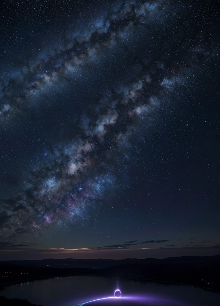 On a quiet summer night, Under the heavenly light of the cosmic sky, A scene unfolding with Makoto Shinkai’s signature magical realism., mysterious energy. The landscape is painted in dark blue and purple colors., reminiscent of a galaxy drawn in the sky. There is no human being in sight, starry sky. It evokes the essence of Makoto Shinkai&#39;s famous animation background.., Capturing moments of quiet beauty and wonder of the universe.