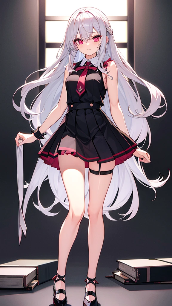 Long silver hair, reddish pink eyes, medium breasts, slim body, cute, black mini pleated skirt, ribbon tie