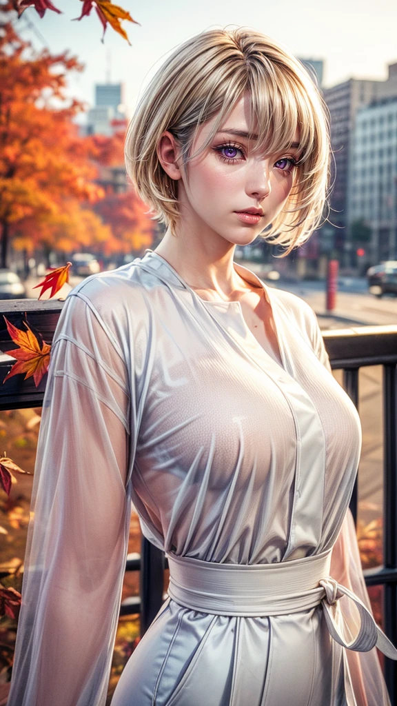 masterpiece,best quality,1girl,face,short hair,wind,looking at viewer,citybeautiful girl wearin in oversized clothes points her finger at the viewer, long blonde hair, (upper body:1.2), autumn leaves, outdoors, volumetric light, cinematic, golden hour, natural lighting, natural lighting