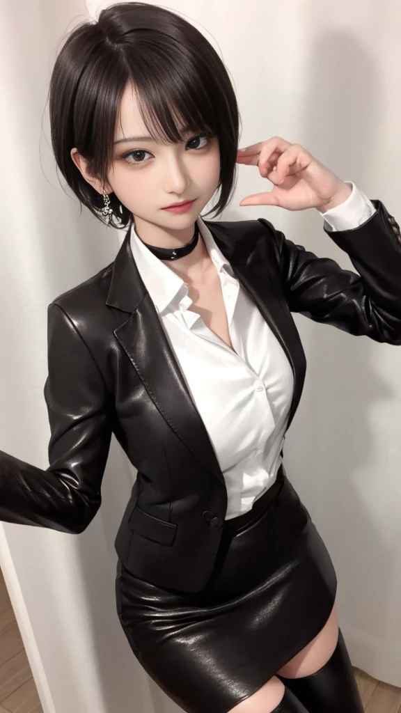 Woman walking in office hall, on a spoonful of alcohol, white walls, Gray table, posters on the wall,
(((masutepiece))), ((Best Quality)), ((intricate-detail)), ((hyper realisitic)), absurd res, A MILF, Small face、27-year-old woman, Perspective, Highly detailed, Illustration, 1girl in,(Big breasts), Perfect hands, Detailed fingers, Beautiful detailed eyes, Short hair, Brown eyes, vd, (business outfit:1.2), Blazer and slender lapel dress are the same color, Black leather tight skirt, Black Choker, earrings, Stockings, Detailed background, Bedroom, Perfect eyes, Seductive eyes, Looking at the viewer, from the front side、Angle from above、all-fours、1boy, penises、Falachio、, Woman sucking panis to the root、Angle from above