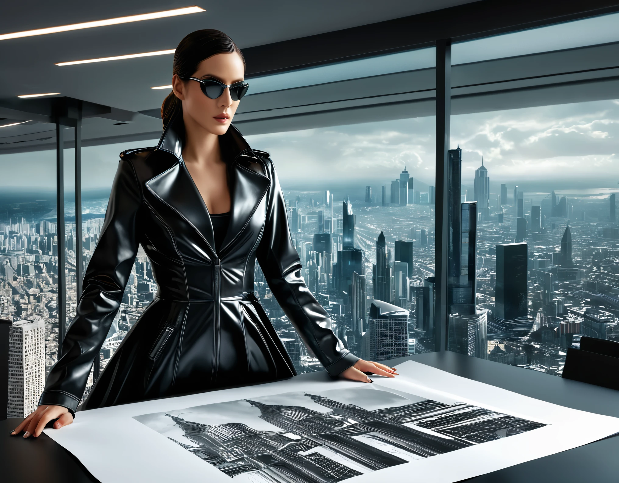 (On a sheet of paper placed on a large desk, Drawing large 3D figurines in stunning and breathtaking uhd ink style), Trinity, a group of ten sublime women in Black trench coat, matrix style, futuristic city center,  fully detailed, high quality, high resolution, proportions parfaites, masterpiece, hyperRéaliste, masterpiece, superior quality, high resolution, Extremely detailed, highly detailed 8K wallpaper, détails fractales