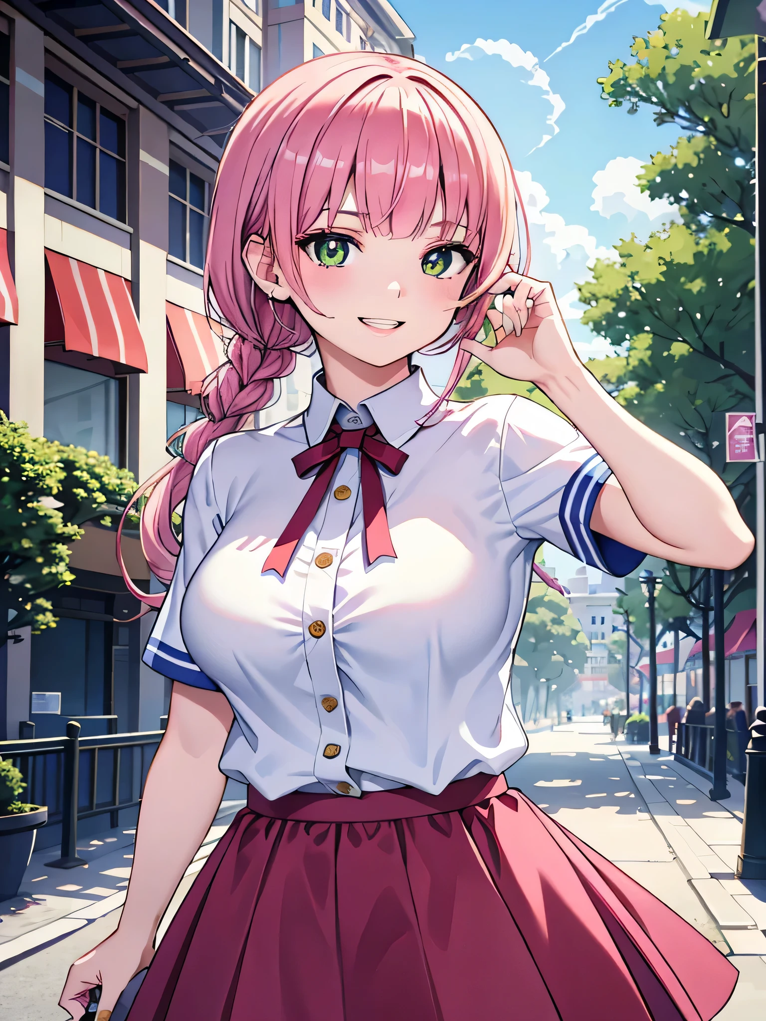 best image quality, masterpiece, ultra detailed, exquisite, cowboy shot, high quality, Beautiful art, One Girl, looking at viewers, touch hair, ((18 years old, Big Breasts, Giant bust:1.2)), fair skin, beautiful skin, Detailed teeth, Light green eye rest, beautiful eyes, twinkle(in the eyes), Pink Hair, Pink French Braid, thin, smile, Heartily laugh, Fashionable clothes、(white ruffled blouse:1.1)、White collared shirt, (dark blue skirt), (Short sleeve shirt:1.1),from above,In city,