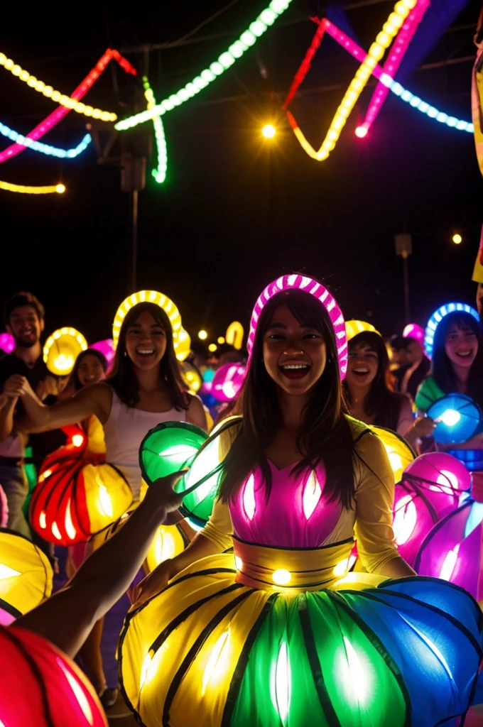 a group of eggs dressed as humans are dancing to the rhythm of music and multi-colored lights