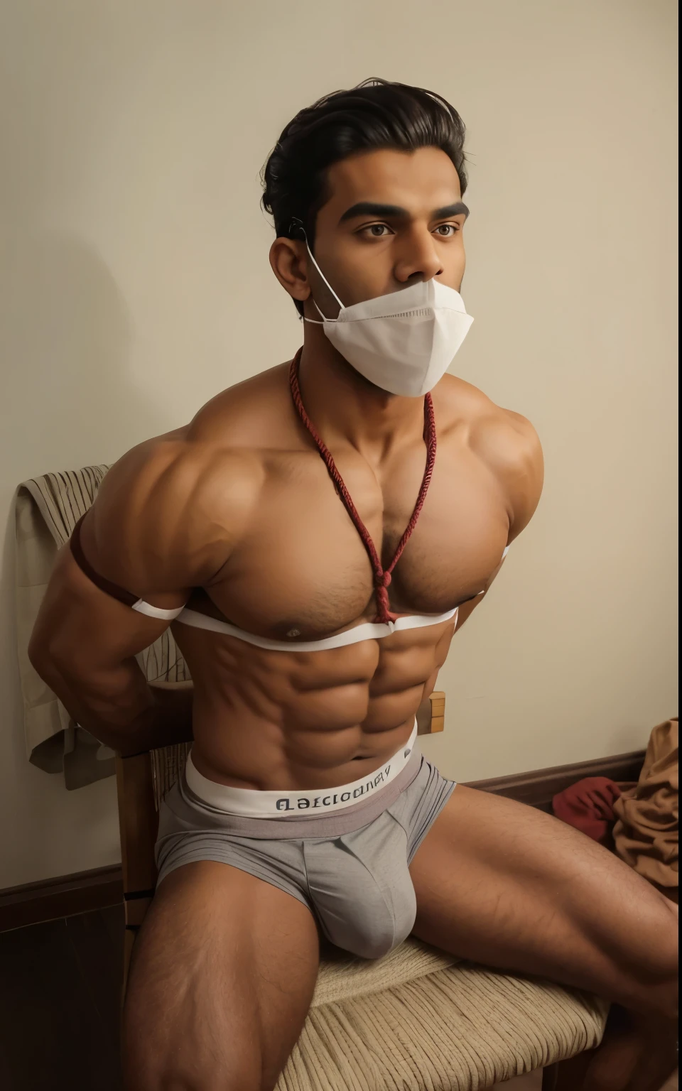 A mallu muscular man with groomed beard and stylish hair.He is shirtless and wearing maroon tight boxer underwear with grey elastic .His bulge is visible in the underwear.His hands are tied behind his back, and his arms are restrained with a rope wrapped around his upper body and the chair. A white cloth is wrapped around his mouth, acting as a gag