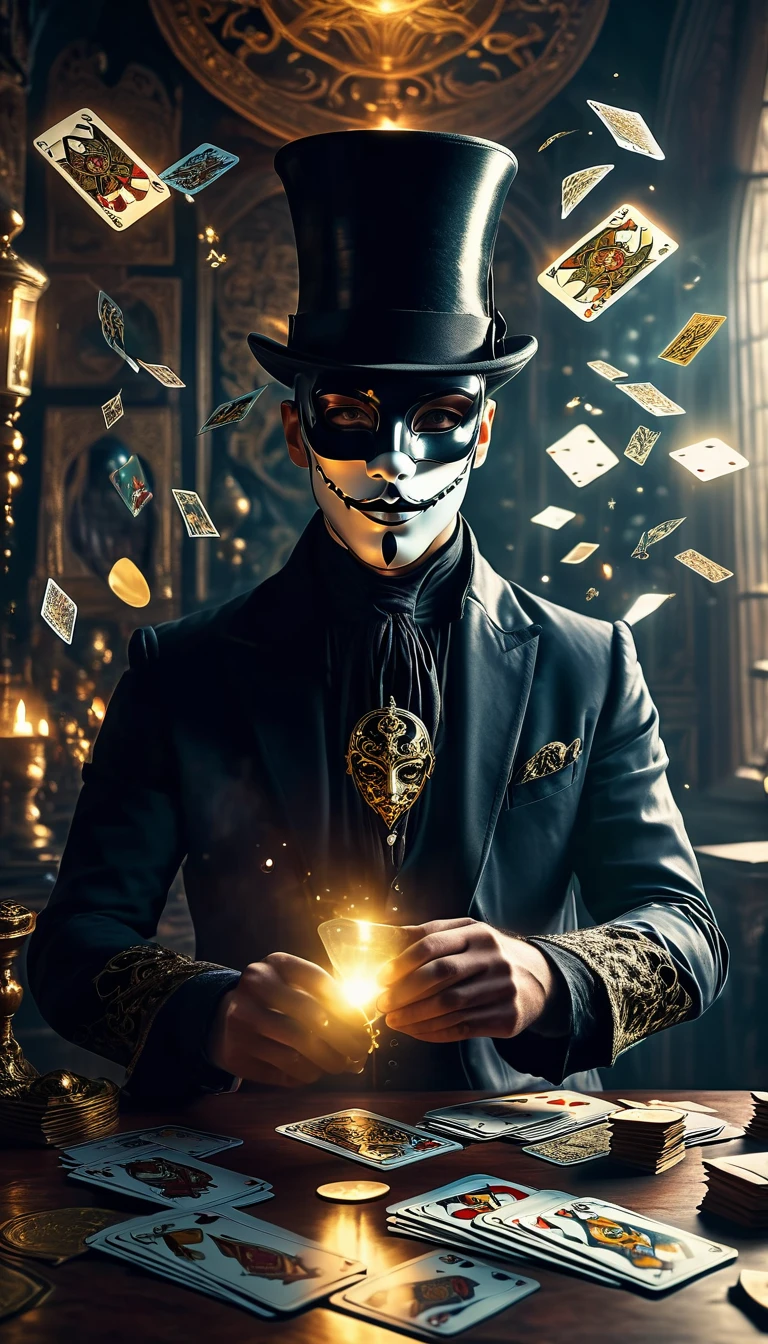 a magician wearing a mask, tarot cards floating in the air, mystical fantasy scene, detailed magical effects, ethereal lighting, dramatic composition, cinematic atmosphere, dark fantasy, moody colors, dramatic lighting, rich textures, chiaroscuro, intricate details, hyper-realistic, high definition, 8k, photorealistic, masterpiece, award-winning digital art