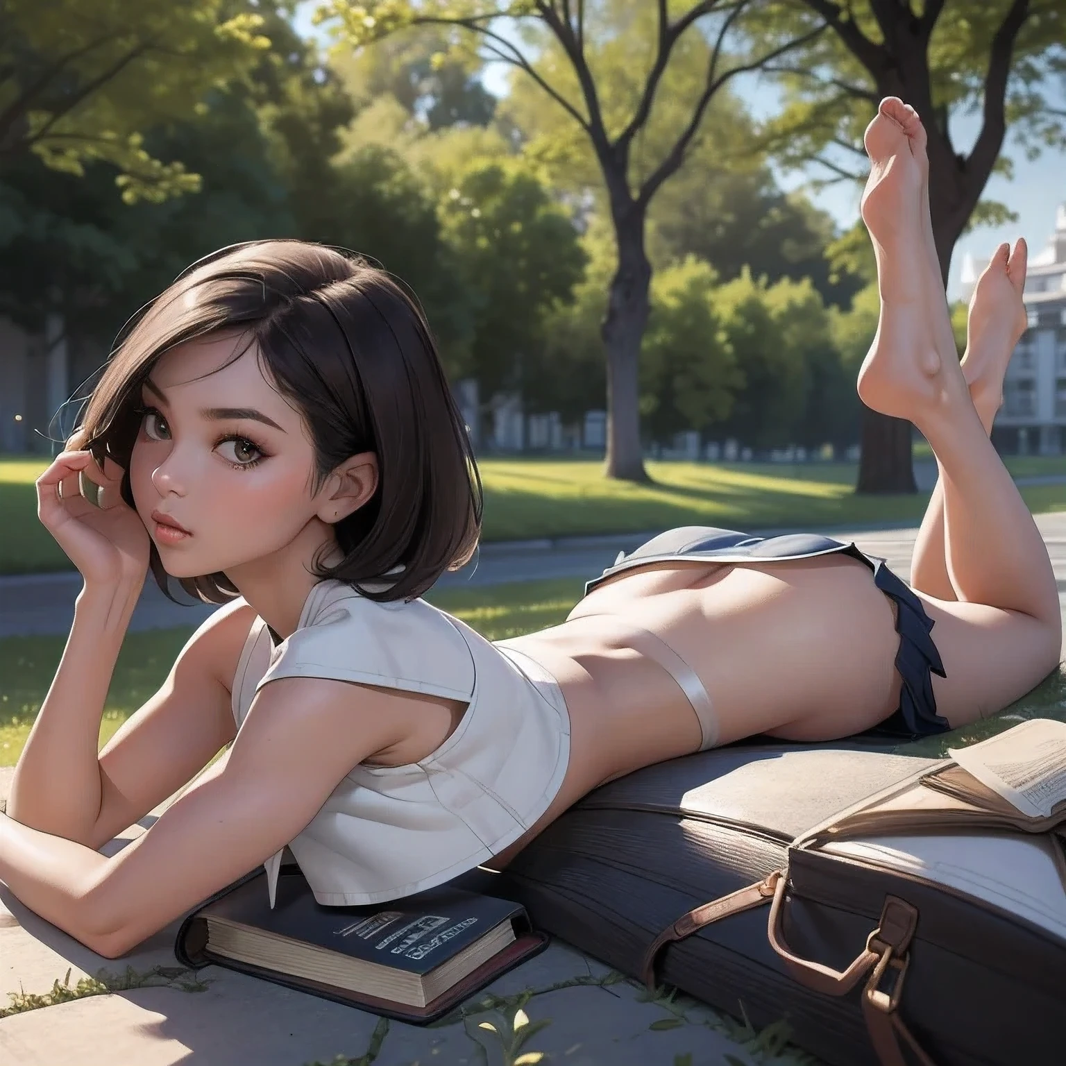 full_body, solo, score_9, score_8_up, score_8, 1girl, ultradetailed, ultrarealistic, award winning, professional photograph, (crop top:2), (( wearing skimpy mini skirt:1.5)), exhibitionism, public indecency, flashing, naked coat (highly clear face,very cute,Extremely cute beauty,Sexy self-confidence,proud and independent,Clear perfect eyes,phenomenal aesthetic,Amazing photos),anatomically correct, (((skinny,thin))),(slender face:1.2), (narrow waist), As our half-Vietnamese, half-French woman lifts the side of her crop top open, she does so with a fluid motion that seems almost effortless. Her body language is confident and assertive throughout this entire process - there's no doubt in anyone's mind who is in control here. They sit high on her chest with perky nipples visible through the lacy fabric of her bra. The color of her skin is a beautiful mix between fair Vietnamese complexion and French pale undertones, making them stand out even more against any background. Her areolas are slightly darker than the rest of her breasts but still small enough to be considered modest by most standards. her. Her features are delicate yet striking, reflecting the best of both worlds she comes , ((Lying down on her stomach, ass up:1.5)), (in the park:1.4) ((reading book:1.4)), ((upskirt:1.5), ((POV pose:1.2)), ((rear view:1.4)), ((no panties))