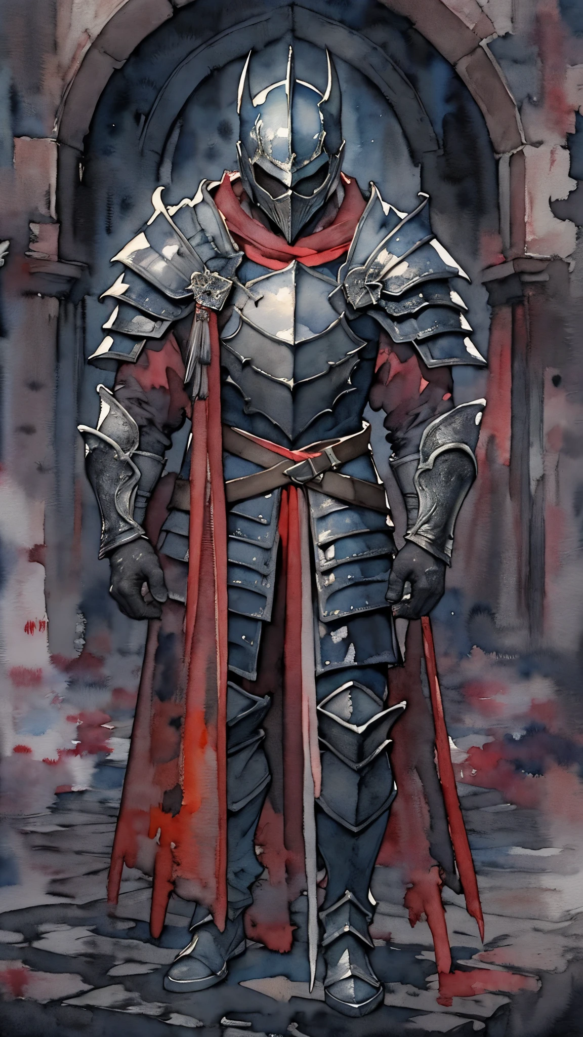 (masterpiece:1.2),(Highest quality),(Very detailedな),(Ultra-high resolution),8K,(Dark Souls Style),((watercolor)),(Dark Knight),Dark Sword,Dark Armor,Dark Shield,(One person: 1.5),Very detailed,Background is a black gray and red gradient,disaster々Shishiken,disaster々Shishi Armor,disaster々New Shield,((hands)),Dark castle background