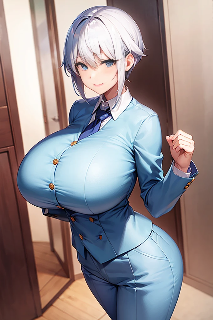 alone、((Huge breasts))、White Hair、Very short hair、blue eyes、Tight waist、student、blazer、slacks、tie、expensive、Red cheeks、Perm、A confident smile、Stand with hands on hips