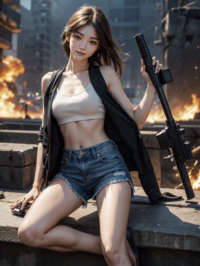 （Top quality，Ultra HD，Lifelike：1.4）（Cowboy Shooter 1），Beautiful armed girl，（K-pop idol），Detailed face，opposition，Perfect anatomy，Smooth skin，Professional lighting，（Wearing a black belly-baring vest，White tube top，Blue denim shorts，canvas shoes，Blue black short hair），Victory in battle，Victorious smile（background，Destroyed buildings，fire，（Huge explosion）），Full body close-up，（Possession of weapons，持有步gun，Purpose，Purpose，Purpose：1.2），gun，H&k hk416，马gun