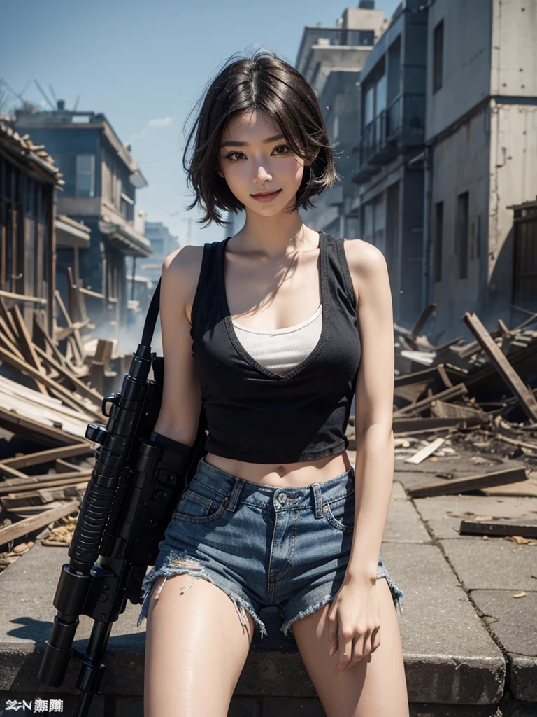 (Top quality,Ultra HD,Lifelike:1.4)(Cowboy Shooter 1),Beautiful armed girl,(K-pop idol),Detailed face,opposition,Perfect anatomy,Smooth skin,Professional lighting,(Wearing a black belly-baring vest,White tube top,Blue denim shorts,canvas shoes,Blue black short hair),Victory in battle,Victorious smile(background,Destroyed buildings,fire,(Huge explosion)),Full body close-up,(Possession of weapons,持有步gun,Purpose,Purpose,Purpose:1.2),gun,H&k hk416,马gun