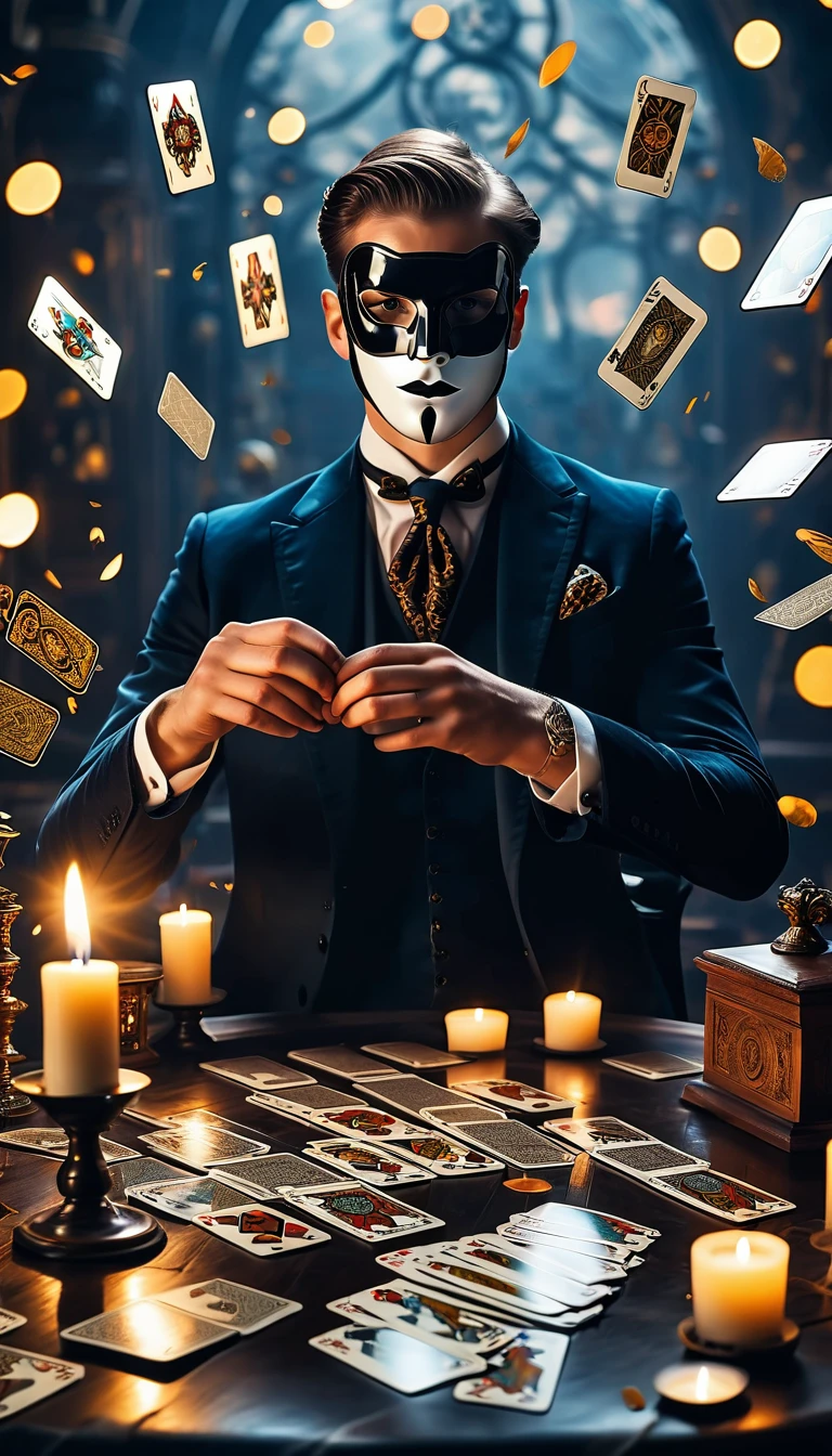 a magician wearing a mask, tarot cards floating in the air, mystical fantasy scene, detailed magical effects, ethereal lighting, dramatic composition, cinematic atmosphere, dark fantasy, moody colors, dramatic lighting, rich textures, chiaroscuro, intricate details, hyper-realistic, high definition, 8k, photorealistic, masterpiece, award-winning digital art