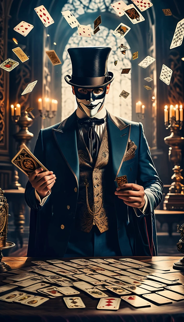 a magician wearing a mask, tarot cards floating in the air, mystical fantasy scene, detailed magical effects, ethereal lighting, dramatic composition, cinematic atmosphere, dark fantasy, moody colors, dramatic lighting, rich textures, chiaroscuro, intricate details, hyper-realistic, high definition, 8k, photorealistic, masterpiece, award-winning digital art