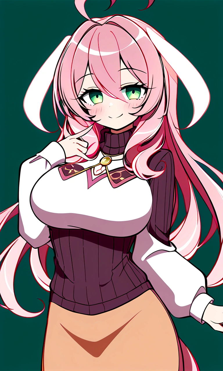 private teacher、、Pink Hair、Long Hair、Straight Hair、Ahoge、Kind older sister、Green Eyes、Droopy eyes、smile、sweater