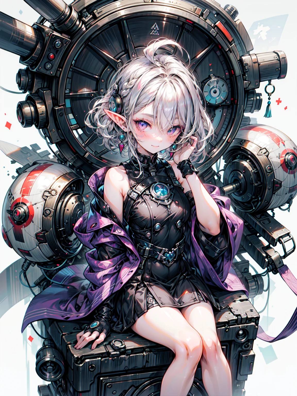 A colorful and dreamy anime-style illustration of a young girl with short red hair, sitting amidst a vibrant, mechanical landscape. She is wearing a casual outfit with mechanical leg armor, surrounded by a kaleidoscope of colors and glowing lights. The background is filled with whimsical details and a magical atmosphere. Blake、非常にdetailed (Dark Elf), (1 Girl), alone, Perfect Face, detailed, Ahoge, ((Long Hair:1.2)), (Hair above one eye:1.3), [[Messy Hair]], Shiny blonde white hair, Purple eyes, Variegated eyes, Colorful Hair, Shining Eyes, Bright Eyes, Face imprint, (eyelash, eye shadow, pink eye shadow), smile, Design Art：Haruhiko Mikimoto, by Kawashi, By Yoshitaka Amano