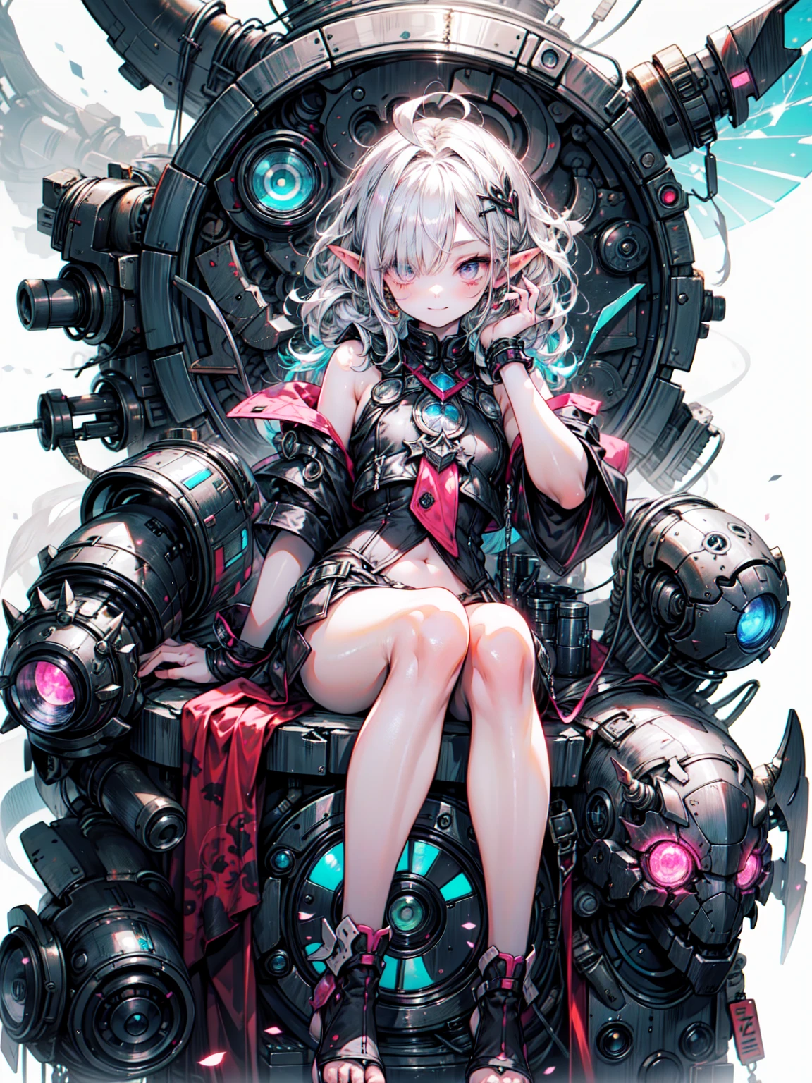 A colorful and dreamy anime-style illustration of a young girl with short red hair, sitting amidst a vibrant, mechanical landscape. She is wearing a casual outfit with mechanical leg armor, surrounded by a kaleidoscope of colors and glowing lights. The background is filled with whimsical details and a magical atmosphere. Blake、非常にdetailed (Dark Elf), (1 Girl), alone, Perfect Face, detailed, Ahoge, ((Long Hair:1.2)), (Hair above one eye:1.3), [[Messy Hair]], Shiny blonde white hair, Purple eyes, Variegated eyes, Colorful Hair, Shining Eyes, Bright Eyes, Face imprint, (eyelash, eye shadow, pink eye shadow), smile, Design Art：Haruhiko Mikimoto, by Kawashi, By Yoshitaka Amano