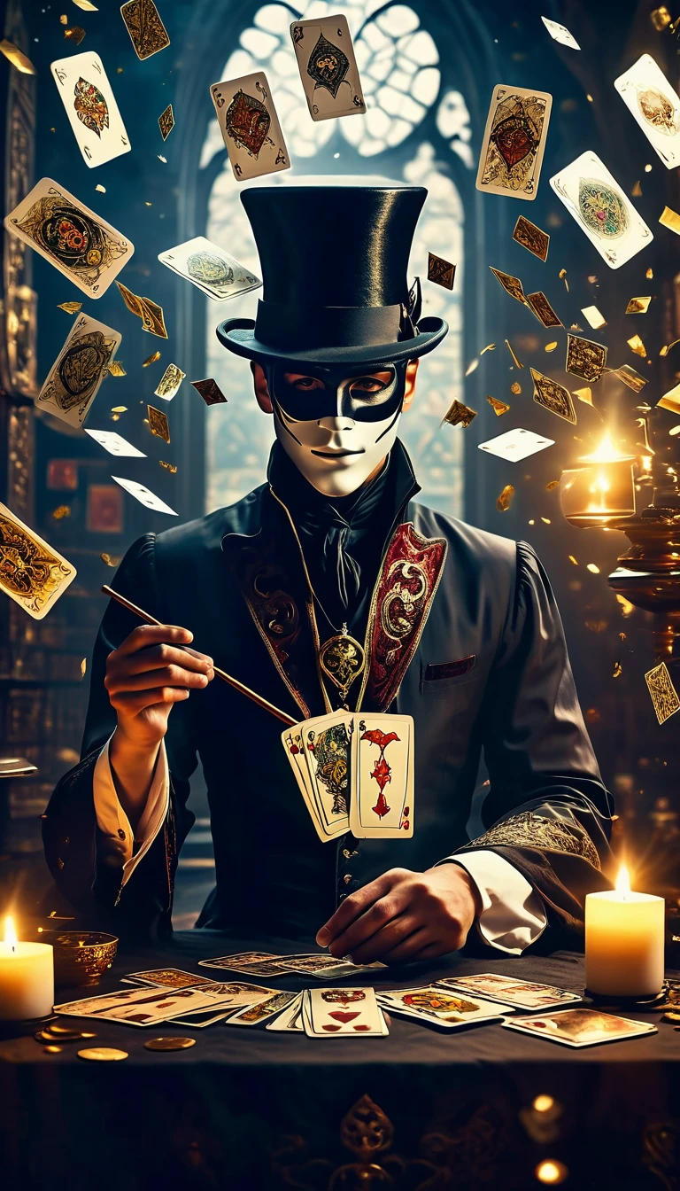 a magician wearing a mask, tarot cards floating in the air, mystical fantasy scene, detailed magical effects, ethereal lighting, dramatic composition, cinematic atmosphere, dark fantasy, moody colors, dramatic lighting, rich textures, chiaroscuro, intricate details, hyper-realistic, high definition, 8k, photorealistic, masterpiece, award-winning digital art