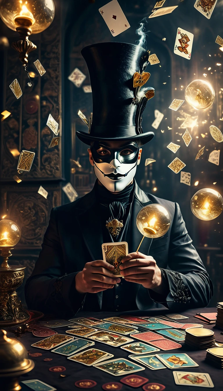 a magician wearing a mask, tarot cards floating in the air, mystical fantasy scene, detailed magical effects, ethereal lighting, dramatic composition, cinematic atmosphere, dark fantasy, moody colors, dramatic lighting, rich textures, chiaroscuro, intricate details, hyper-realistic, high definition, 8k, photorealistic, masterpiece, award-winning digital art