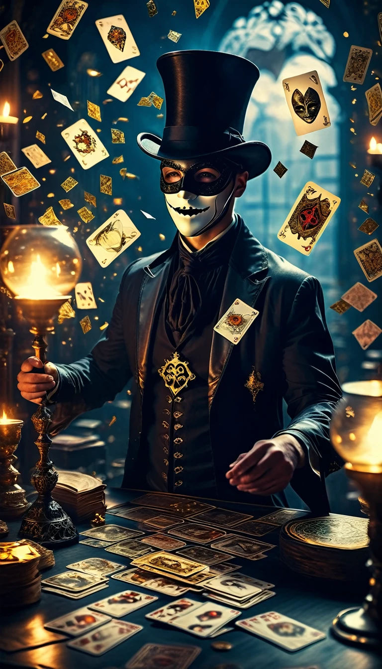 a magician wearing a mask, tarot cards floating in the air, mystical fantasy scene, detailed magical effects, ethereal lighting, dramatic composition, cinematic atmosphere, dark fantasy, moody colors, dramatic lighting, rich textures, chiaroscuro, intricate details, hyper-realistic, high definition, 8k, photorealistic, masterpiece, award-winning digital art