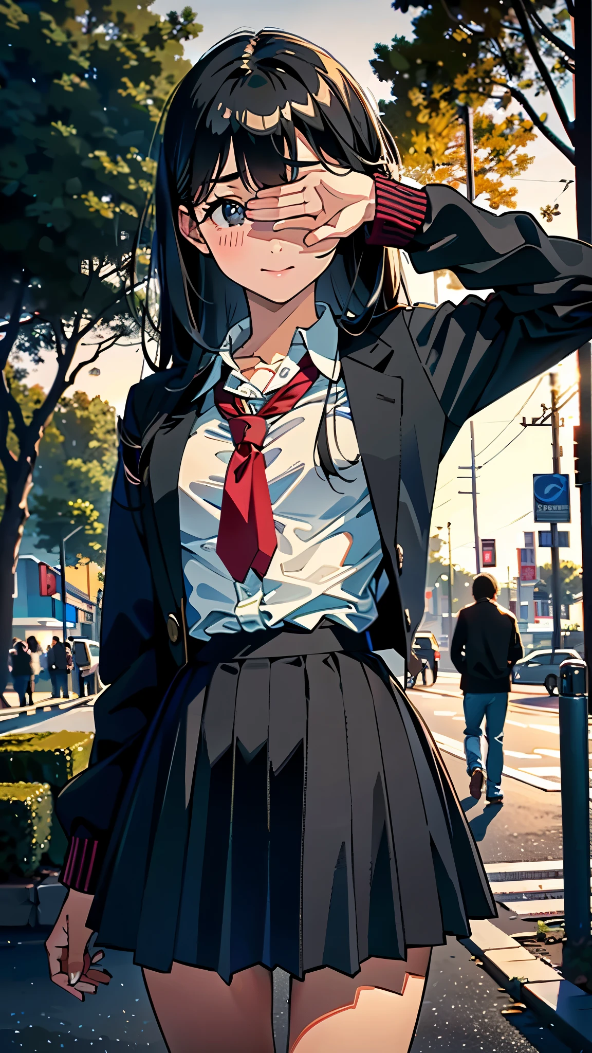 (8K, RAW Photos, 最high quality, masterpiece:1.2), high qualityのRAWカラー写真, Professional photo shoot, Cinematic Light, night、Late night、alone, (((young woman, Gal))), (Sharp features), (Small face), (Skin with attention to detail:1.2), clavicle, Cute face, Beautiful appearance, Long eyelashes,Girl Turning Around, smile, (Black Hair, Long straight line), high school student, Red tie, High School Uniform:1.2, Black jacket, Open jacket, Jacket cuff buttons, White shirt, Check skirt, night Park, Birds chirping, Embarrassing, sad, Artistic painting,Attractive thighs, (A very fine touch:1.2), (Watery eye), sad雰囲気, Oil painting style, Dark colors, (Are standing:1.5, lean on a tree, ), Smooth texture, Gazing Eyes, Beautiful Skin, Shiny skin, ((Perfect Fingers, Five Fingers, Anatomically correct)), Background Blur, high quality, Surreal, ((Very detailed, photo shoot)),(Cover your eyes with your right hand)blush、(Many passersby)、Embarrassing、They hesitate、Looking down、orgasm、avert your eyes、Focus on the face、Very close distance、((Hide your face with one hand))、Open shirt、I can see her boobs、Beautiful Abs