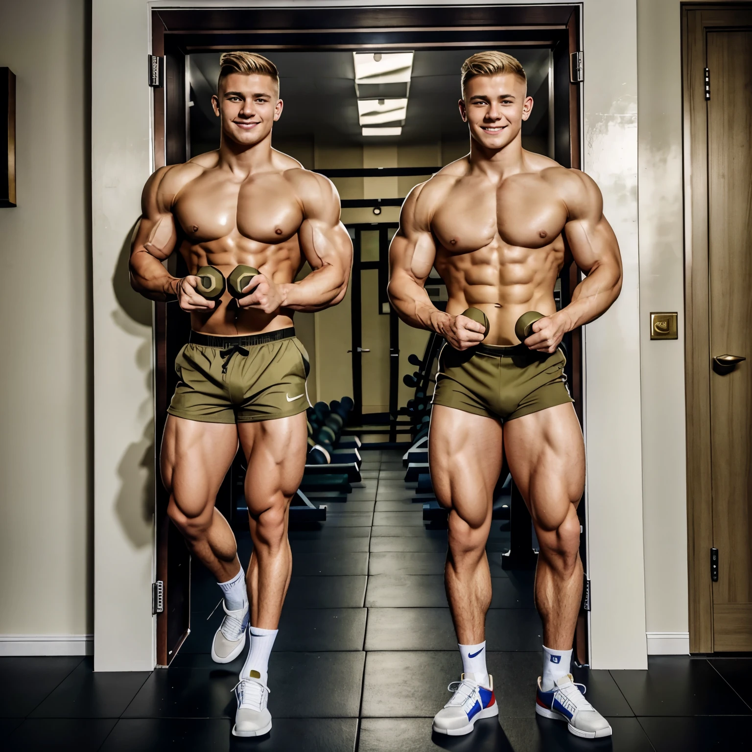 full view full body, one over-Muscular Russian guy, , blond with undercut military cut, in khaki swimsuit, khaki socks, no shoes, long, smiling and showing his muscles. Next to him are dumbbells and a military foreman is in the gym, there are stairs and a door in the background