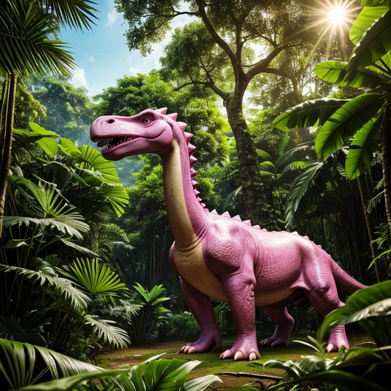 In the heart of a lush, verdant jungle, a majestic pink dinosaur stands as the guardian of its domain. With its vibrant scales glistening in the sunlight filtering through the dense canopy, it gazes out with a fierce yet curious expression, its sharp teeth bared in a silent roar. The dinosaur's long neck and powerful limbs are a testament to its strength and agility, and its large, pointed teeth hint at its carnivorous nature.

The jungle around it is a symphony of life, with towering trees reaching for the sky and a myriad of colorful plants and flowers dotting the landscape. The air is thick with the scent of exotic fruits and the hum of insects, creating a symphony of nature that fills the air.

Despite its fierce appearance, the pink dinosaur is a gentle creature at heart, known to protect the jungle's inhabitants from harm. It is said that it has a special bond with the other creatures in the jungle, and that it can communicate with them through a series of low rumbles and chirps.

As the sun sets, the pink dinosaur makes its way back to its hidden lair, where it rests until the dawn when it will once again rise to protect its jungle home. Its presence is a symbol of the jungle's resilience and the power of nature, and it is a sight to behold for any who dare to venture into its domain.