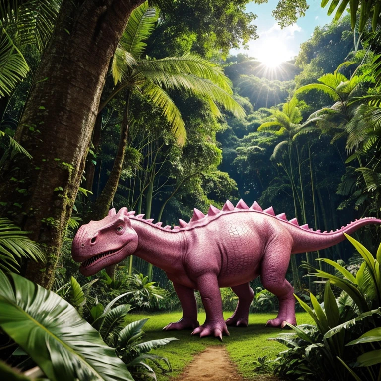 In the heart of a lush, verdant jungle, a majestic pink dinosaur stands as the guardian of its domain. With its vibrant scales glistening in the sunlight filtering through the dense canopy, it gazes out with a fierce yet curious expression, its sharp teeth bared in a silent roar. The dinosaur's long neck and powerful limbs are a testament to its strength and agility, and its large, pointed teeth hint at its carnivorous nature.

The jungle around it is a symphony of life, with towering trees reaching for the sky and a myriad of colorful plants and flowers dotting the landscape. The air is thick with the scent of exotic fruits and the hum of insects, creating a symphony of nature that fills the air.

Despite its fierce appearance, the pink dinosaur is a gentle creature at heart, known to protect the jungle's inhabitants from harm. It is said that it has a special bond with the other creatures in the jungle, and that it can communicate with them through a series of low rumbles and chirps.

As the sun sets, the pink dinosaur makes its way back to its hidden lair, where it rests until the dawn when it will once again rise to protect its jungle home. Its presence is a symbol of the jungle's resilience and the power of nature, and it is a sight to behold for any who dare to venture into its domain.