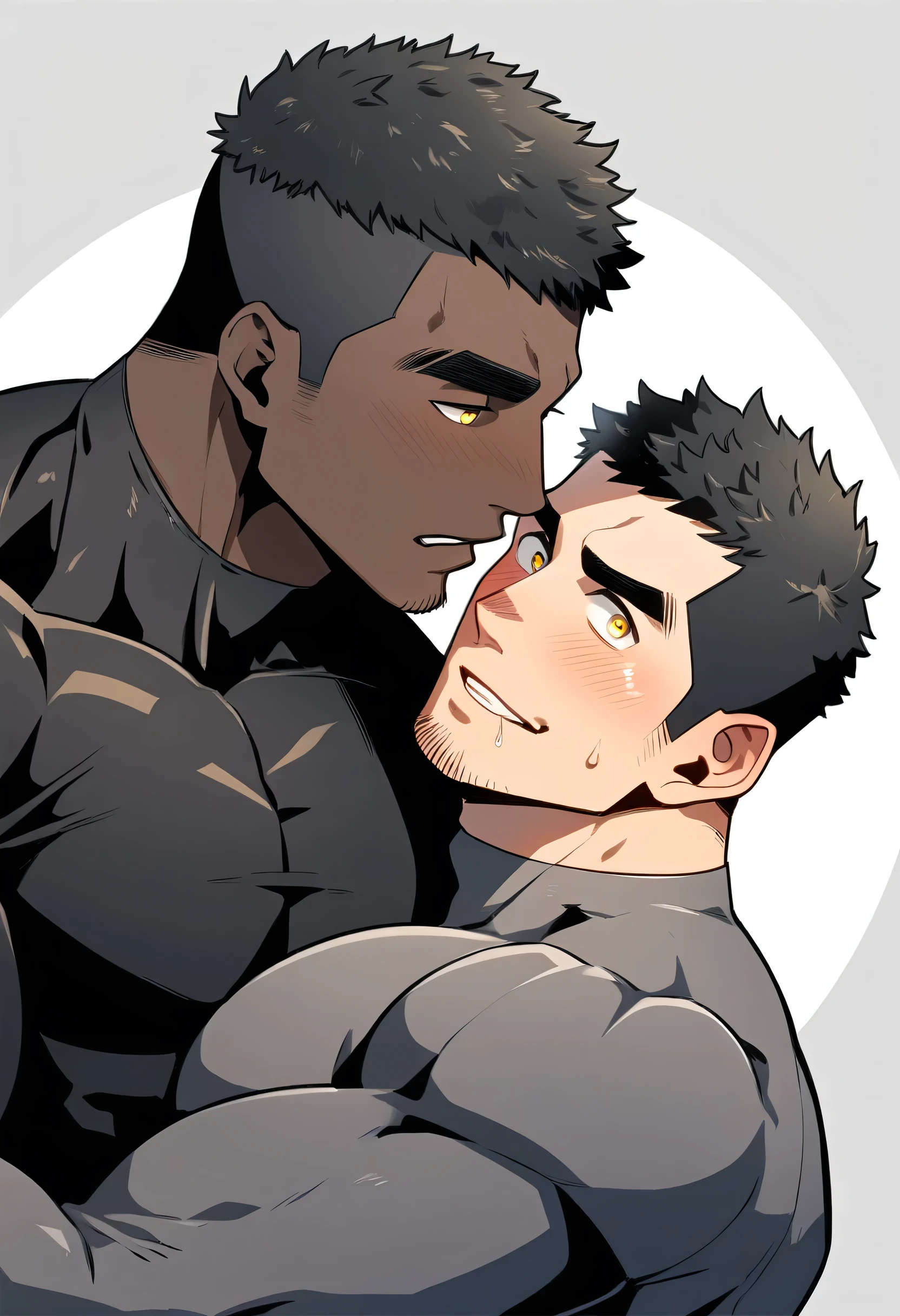 anime characters:Two superheroes in tights, Muscle superhero,Black Short Hair, black skin, They hugged and kissed each other, Bite your neck, Caress, Manliness, male focus, Yellow and black high collar long sleeve tight T-shirt, Slightly transparent material, Very tight, Round, full and perky chest muscles, Male dog waist, Slightly transparent, muscular male, muscular, only, Upper body, alone, Black Short Hair, Thick eyebrows, stubble, Yellow eyes, Grey background, simple background, amazing quality, best aesthetics, Ridiculous, bright pupils, crew cut, parted lips, torogao, naughty face, blush, saliva trail, drop shadow, best quality