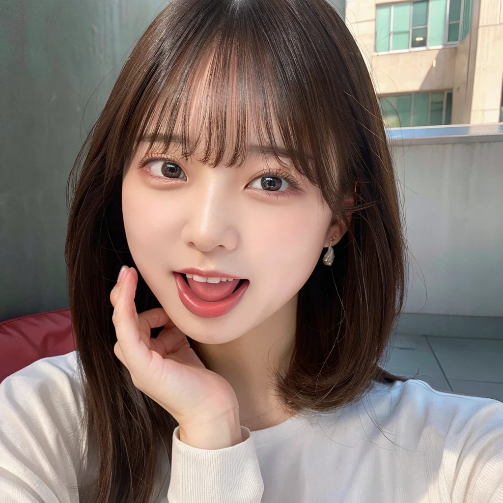 (real, High resolution:1.3),Sticking out tongue、There's a lot of sperm on my tongue、(One girl with a perfect body,Slender body、Extremely large breasts、valley、Big Tits)、Double eyelids、Tear bags、Big eyes、Long eyelashes、 Very beautiful face and eyes,Long Hair,