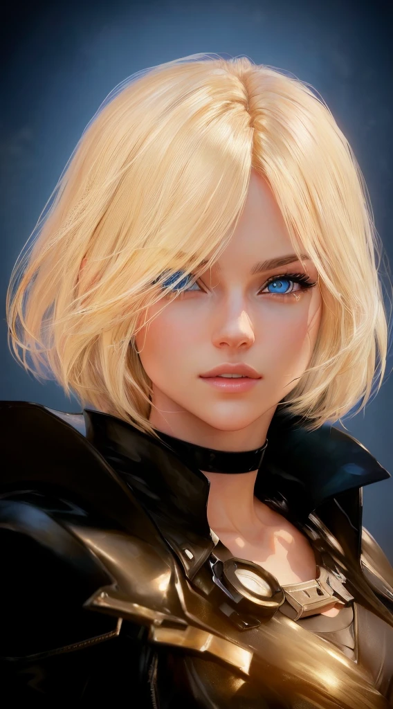 Blonde haired woman with blue eyes and a black leather jacket, الClose-up character, Close character, 2 b, 2b, [ 4K realism ]!!, Realistic image of an anime girl, [ 4K realism ]!!!, [ 4K realism ], Close-up character, With a very detailed face, Artistic German bokeh in 8K resolution, Dynamic telephoto