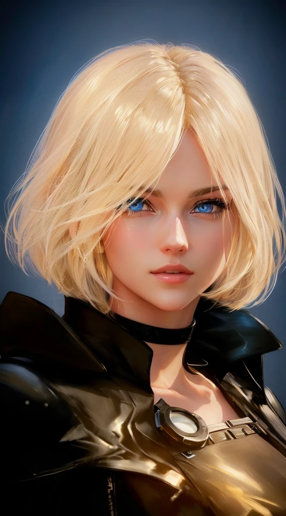 Blonde haired woman with blue eyes and a black leather jacket, الClose-up character, Close character, 2 b, 2b, [ 4K realism ]!!, Realistic image of an anime girl, [ 4K realism ]!!!, [ 4K realism ], Close-up character, With a very detailed face, Artistic German bokeh in 8K resolution, Dynamic telephoto