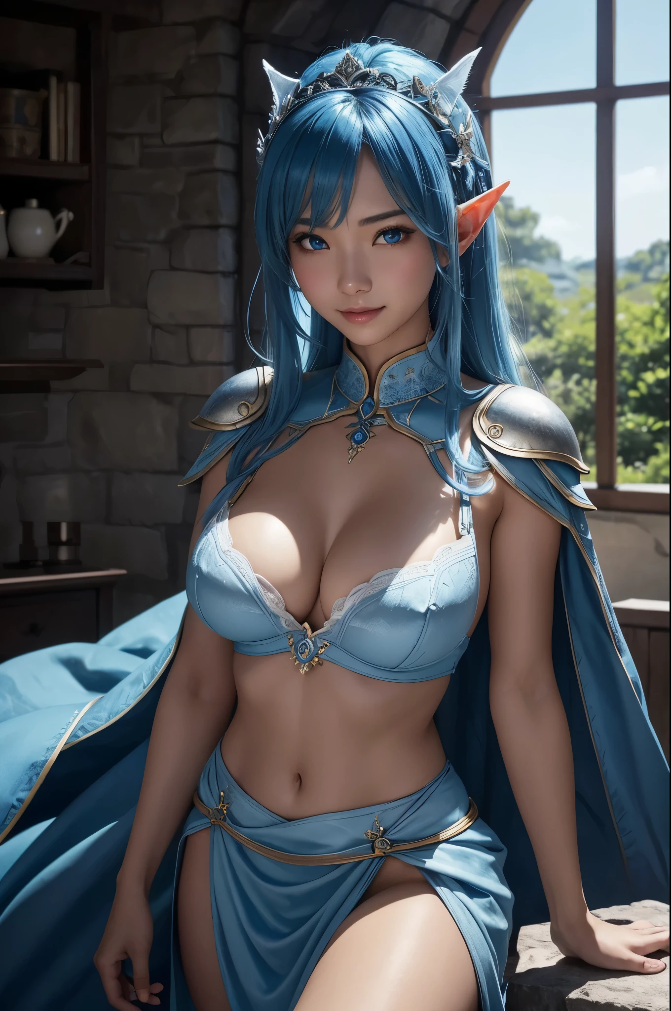 8K、冒険者のLuxurious blue and white chest armorを着たダークエルフ、Super Beauty(Realistic)、Tan Skin、Elf Ears、Luxurious blue and white chest armor、Model Chute Style、(非常にdetailedなCGユニティ8K壁紙)、Full body photos of the most beautiful works of art in the world、Front 4 poses、Blue Hair、gorgeous blue and white long skirt、diamond、Medieval architecture、Talked about at the art station、CG Trends、detailed、Every detail、Sharp focus、Very large breasts、blue eyes、Audience、Beautiful expression、Accentuate your cleavage、Beautiful decoration、smile、make、Inside the cave、Tan Skin、Beautiful Blue Hair、Tan Skin、Rich colors、Backlight、Cinema Lighting、Film Grain、50mm lens、Nikon D850、Ultra-high resolution、Ultra-realistic、Dynamic fighting poses、In the dark dungeon、Makeup,Luxurious blue and white chest armor,Have a rapier,