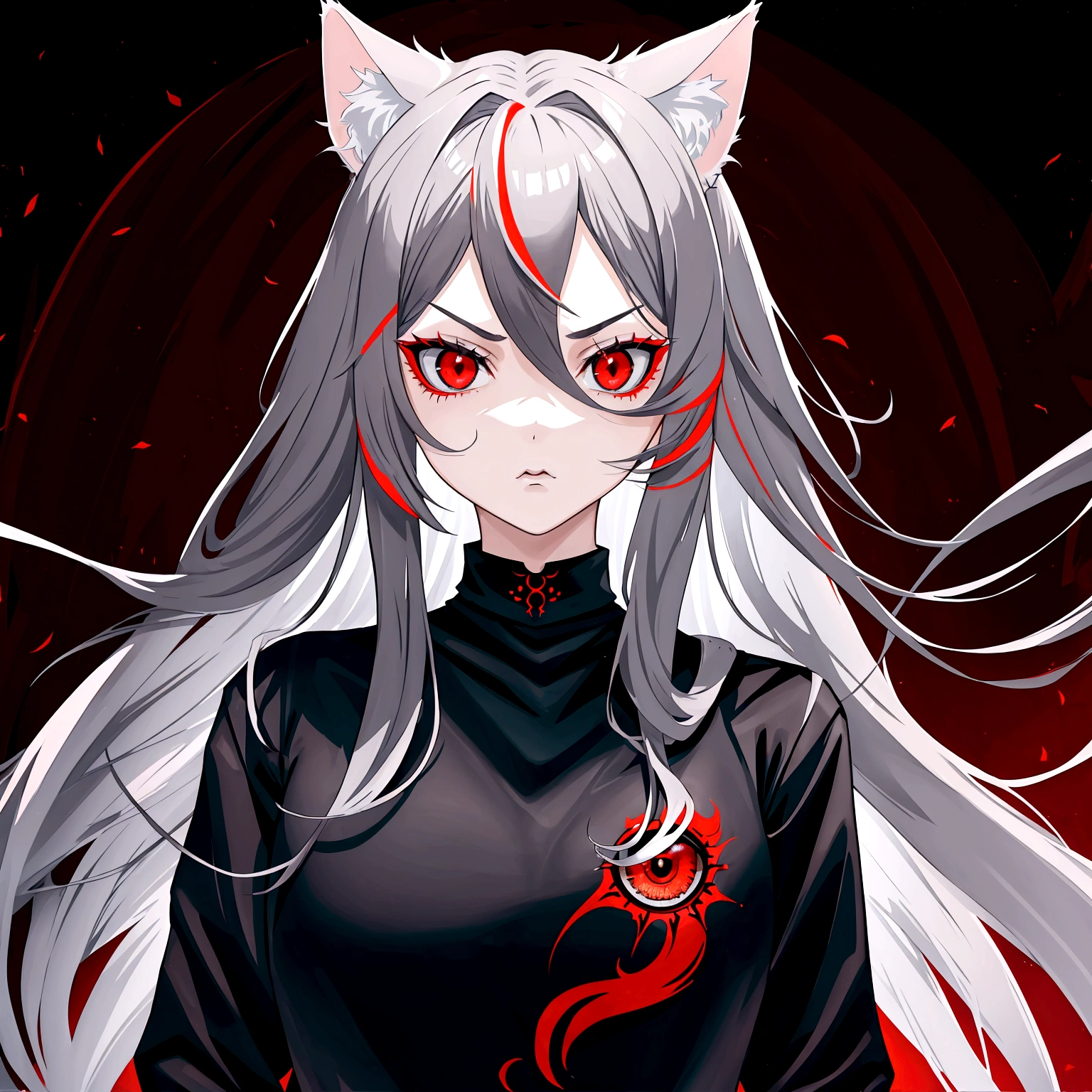 1 girl, beautiful face, cool, intimidation, red eye, long hair, gray hair, cat ear, black jacket, red t-shirt, nature place