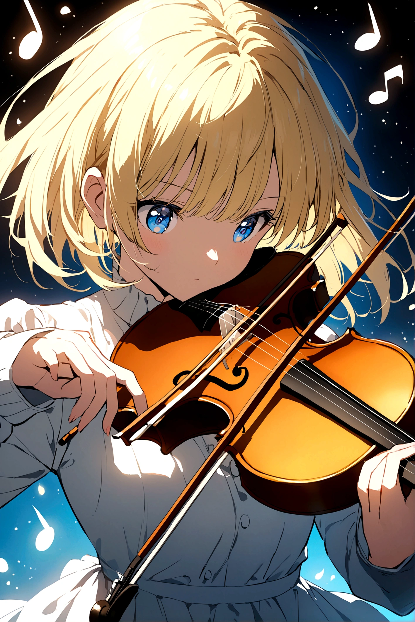 Anime girl with short blonde hair and blue eyes playing the violin and a very bright background with music letters. 