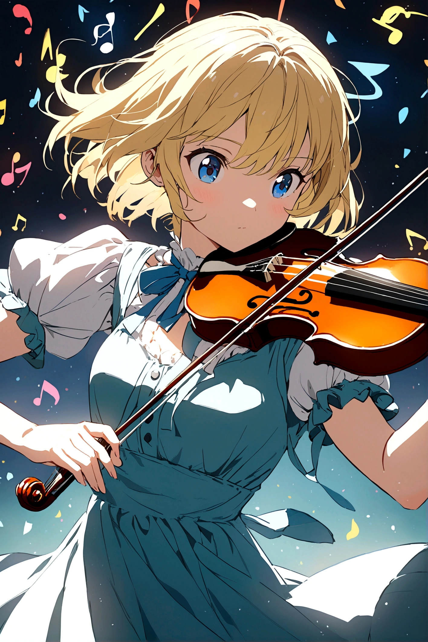 Anime girl with short blonde hair and blue eyes playing the violin and a very bright background with music letters. 