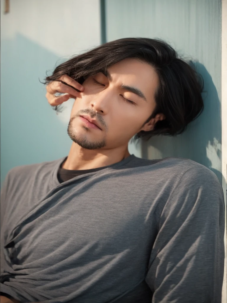 male, middle-aged, man, emaciated, pale skin, jacket, plain t-shirt, scrawny, tall, sanpaku, eyes half-closed, black eyes, black hair, center part,long bob, looking at viewer, frowning, puzzled, japanese, stubble, hooked nose, dry skin, hollow cheek, long face,