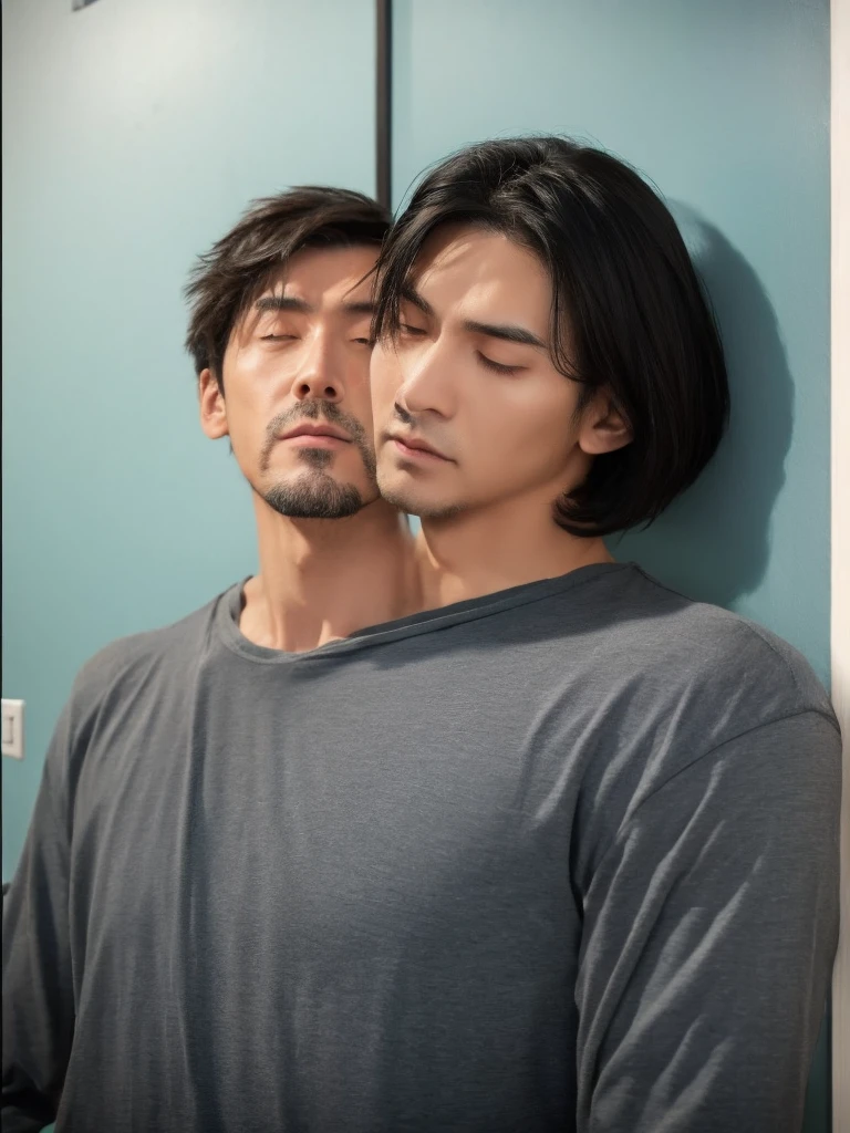 male, middle-aged, man, emaciated, pale skin, jacket, plain t-shirt, scrawny, tall, sanpaku, eyes half-closed, black eyes, black hair, center part,long bob, looking at viewer, frowning, puzzled, japanese, stubble, hooked nose, dry skin, hollow cheek, long face,