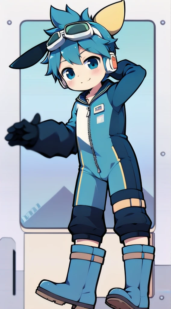 2D Boy Shota,One-piece mountaineering suit,Slim, healthy body,Put the headphones on your head,stand up,goggles,Rabbit ears,happy,Sailor collar,tie,Zipper pulled down,boots
