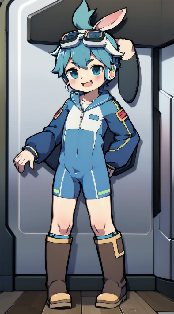 2D Boy Shota，One-piece mountaineering suit，Slim, healthy body，Put the headphones on your head，stand up，goggles，Rabbit ears，happy，Sailor collar，tie，Zipper pulled down，boots