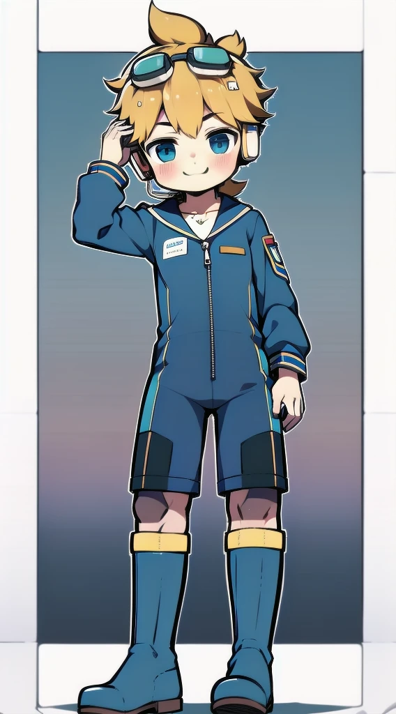 2D Boy Shota,One-piece mountaineering suit,Slim, healthy body,Put the headphones on your head,stand up,goggles,Rabbit ears,happy,Sailor collar,tie,Zipper pulled down,boots