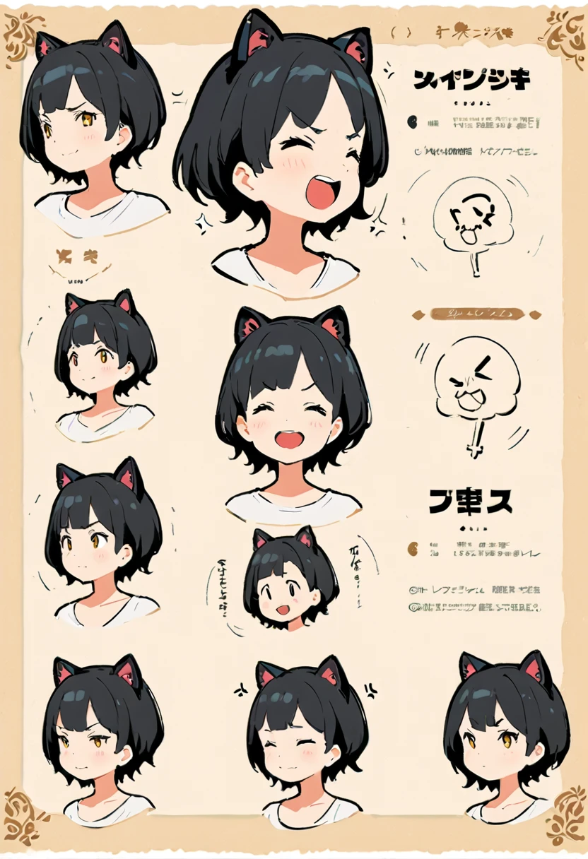 (Thick painting style),Thick line drawing, ((masterpiece,)),(((Highest quality))),(sketch),((Adult women in their 20s)),Short black hair,Black cat ears,T-Shirts,jeans,(((Character design sheet,Joy, anger, sorrow, and happiness,Character Portrait,Full Art)))