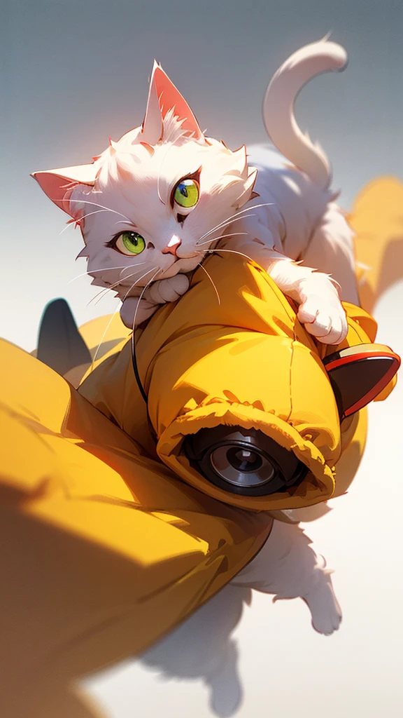 Cute cat with fluffy fur wearing one hoodie and headphones, The background is modern and inorganic, Adorable digital painting, 3D Rendering, Bright lighting, Vibrant colors,