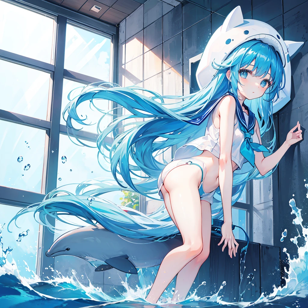 highest quality,whole body,long hair,girl,one young girl,whale hat,window made of water,Sea Background,blue sky,girl with dolphin tail,light blue hair,sailor suit,
