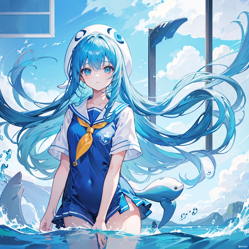 highest quality,whole body,long hair,girl,one young girl,whale hat,window made of water,Sea Background,blue sky,girl with dolphin tail,light blue hair,sailor suit,