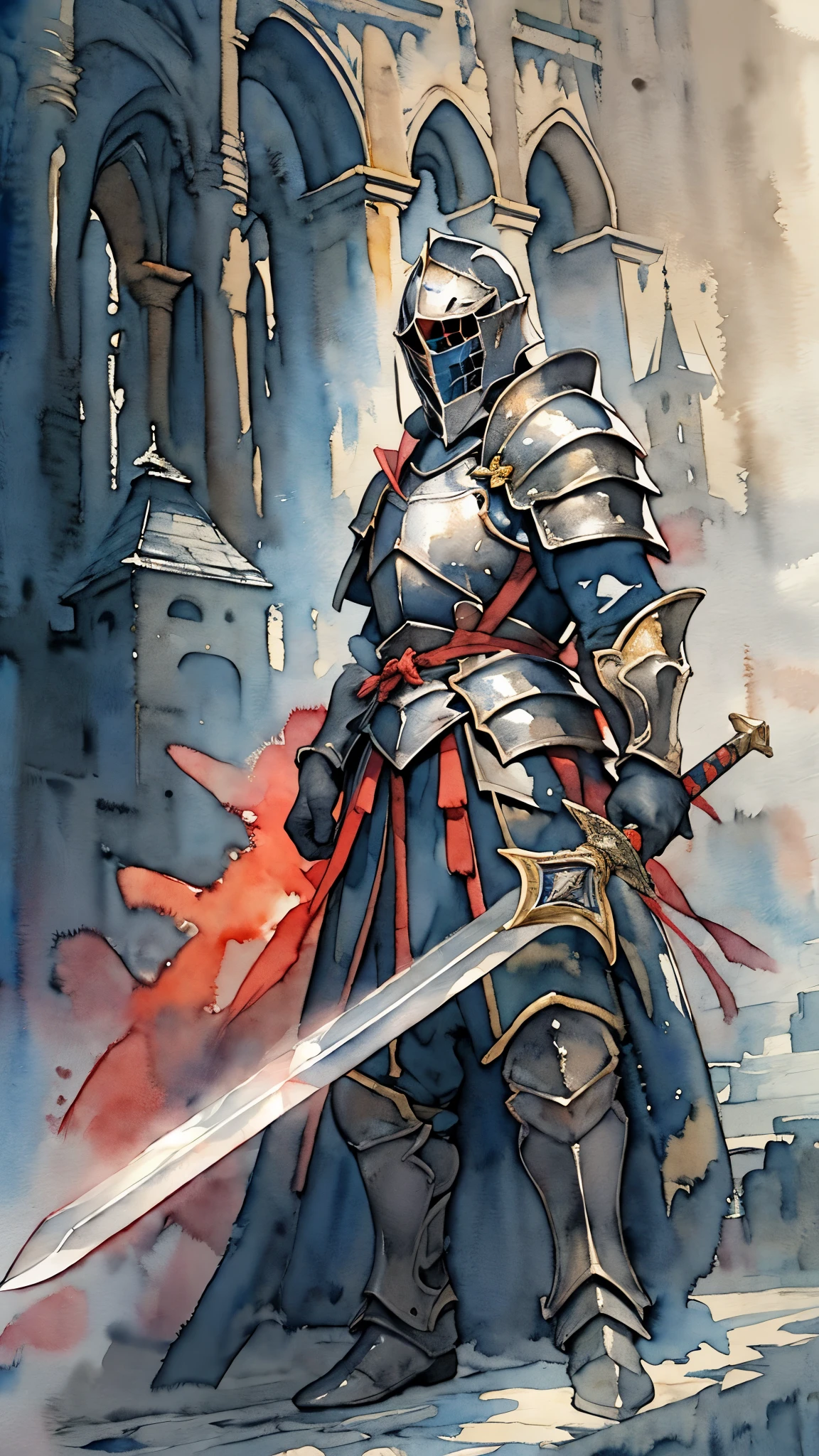 (masterpiece:1.2),(Highest quality),(Very detailedな),(Ultra-high resolution),8K,(Dark Souls Style),((watercolor)),(Holy Knight),Holy Knightの剣,Holy Knightの鎧,Holy Knightの盾,(One person: 1.5),Very detailed,The background is a gradient of white, gray and yellow,beautiful sword,Beautiful Armor,Beautiful shield,((hands)),The background is a beautiful castle in the sky