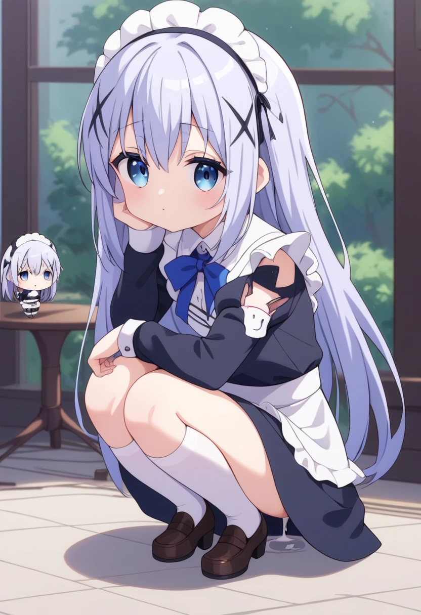 Score_9, Score_8_up, Score_7_up, Score_6_up, Score_5_up, Score_4_up, source_anime, 1girl, nsfw, maid, Kafu Chino, squatting, chibi, cumdrip, after anal