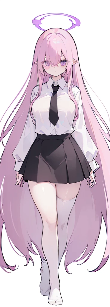 (((Long Pink hair))),Pink hair,kawai,(((Eyes visible from bangs,hair over eyes:1.3))),,Huge breasts,(purple color eyes),,(purple slanted eyes),1girl in,bangs,long White hair, pantyhose,Cowboy Shot,white background,Straight hair hair,(On both sides of the head has sharp black devil horns) ((head bowed pose)) Ter's hair flows straight down, has two sharp black horns (slant purple eyes) (((wearing a perfect white shirt))) white shirt sleeves should be folded to the elbows ((Don't wear any ties (wear a long black skirt, both sides of the skirt are split The other two sides of the skirt are split (showing her bare thighs) Long black skirt split at the thighs, perfect white shirt, no accessories like a tie (sexy body) Bare thighs without wearing any socks, The character's body is visible from head to ankle, ((Tall slim perfect body)) (tight black skirt)