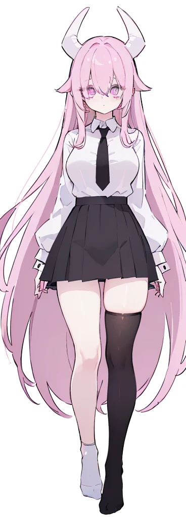 (((Long Pink hair))),Pink hair,kawai,(((Eyes visible from bangs,hair over eyes:1.3))),,Huge breasts,(purple color eyes),,(purple slanted eyes),1girl in,bangs,long White hair, pantyhose,Cowboy Shot,white background,Straight hair hair,(On both sides of the head has sharp black devil horns) ((head bowed pose)) Ter's hair flows straight down, has two sharp black horns (slant purple eyes) (((wearing a perfect white shirt))) white shirt sleeves should be folded to the elbows ((Don't wear any ties (wear a long black skirt, both sides of the skirt are split The other two sides of the skirt are split (showing her bare thighs) Long black skirt split at the thighs, perfect white shirt, no accessories like a tie (sexy body) Bare thighs without wearing any socks, The character's body is visible from head to ankle, ((Tall slim perfect body)) (tight black skirt)