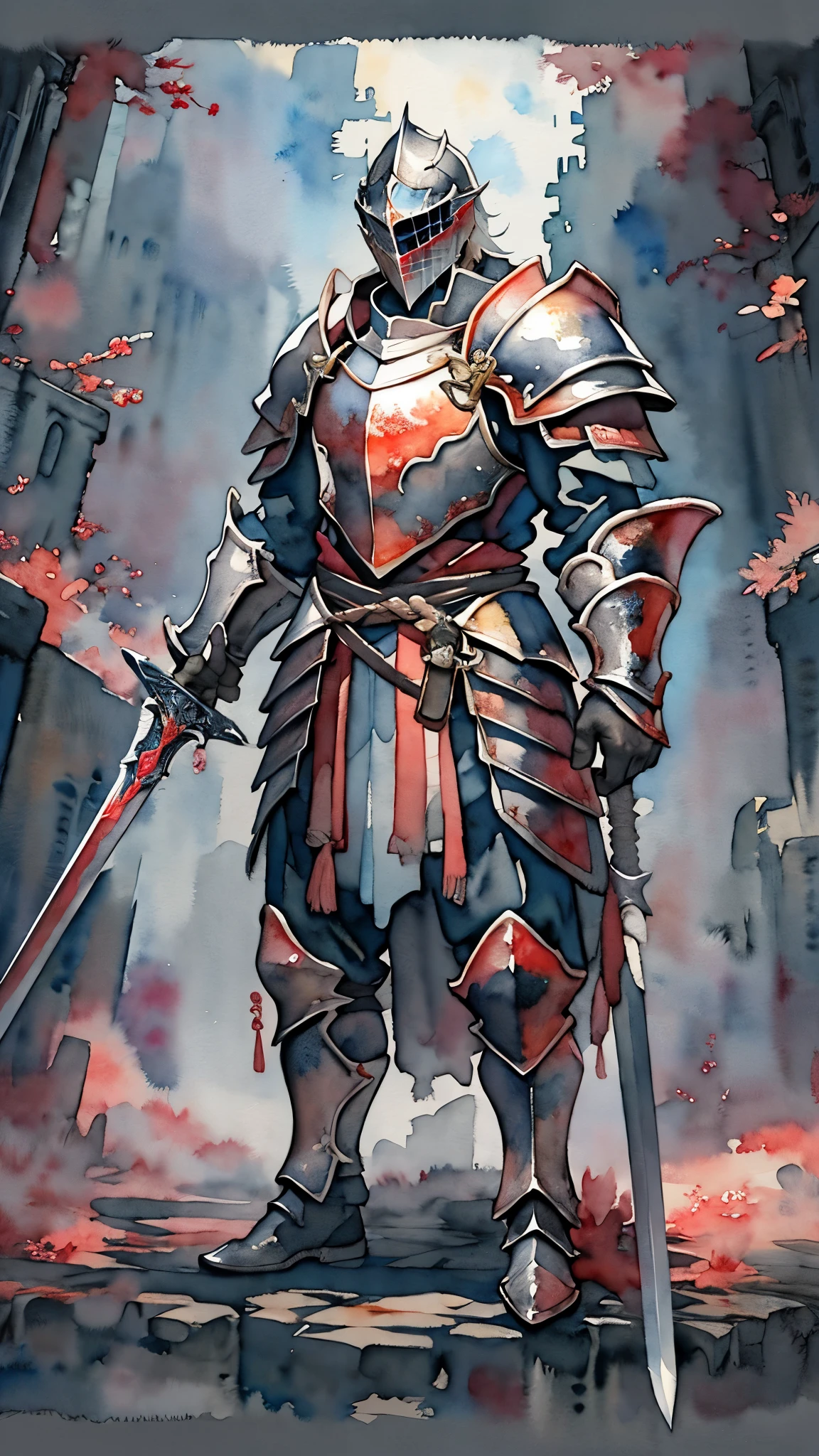 (masterpiece:1.2),(Highest quality),(Very detailedな),(Ultra-high resolution),8K,(Dark Souls Style),((watercolor)),(Holy Knight),Holy Knightの剣,Holy Knightの鎧,Holy Knightの盾,(One person: 1.5),Very detailed,The background is a gradient of white, gray and yellow,beautiful sword,Beautiful Armor,Beautiful shield,((hands)),The background is a beautiful castle in the sky